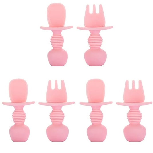 Spoon and Fork Set-Baby Toddler Self-Feeding Utensils –Baby Led Weaning – Non-Toxic Plastic – Featuring Protective Barriers to Prevent Choking and Gagging (Pink)