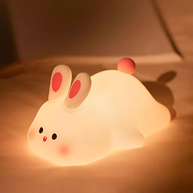 Rytinazzz Silicone Night Light for Kids, 50H Long Battery Big Face Rabbit Lamp, Gift for Kids, Soft Dimmable Bedside Light, Rechargeable Tap Control