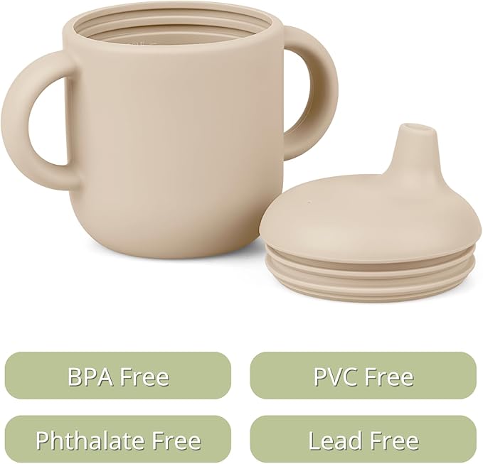 Silicone Sippy Cups for 6-12 Months Toddlers - Pack of 2 Food Grade Silicone Training Cups with Straws and Lids Grip Handle for Baby Led Weaning, 6 oz (Sage/Sand)