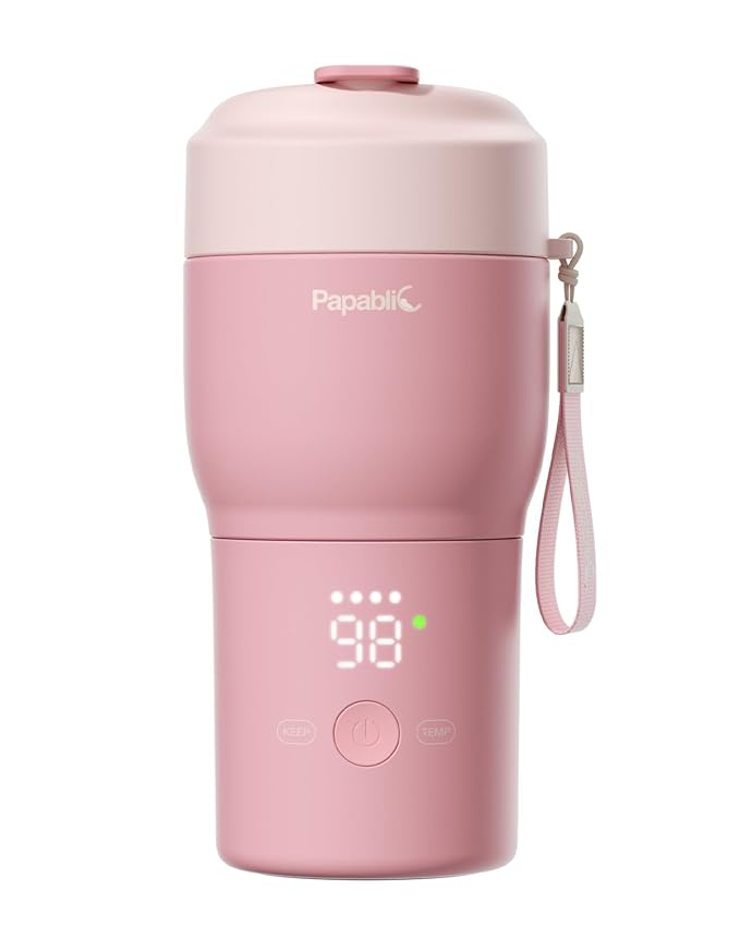 Papablic Portable Bottle Warmer Pro for Travel – Fast Heating, Built-in Sterilizer, 30W Fast Charge, 5-Temp Control, Easy-Clean Wide Mouth, Baby Milk Warmer for Breastmilk & Formula, Sakura Pink