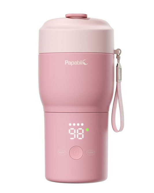 Papablic Portable Bottle Warmer Pro for Travel – Fast Heating, Built-in Sterilizer, 30W Fast Charge, 5-Temp Control, Easy-Clean Wide Mouth, Baby Milk Warmer for Breastmilk & Formula, Sakura Pink
