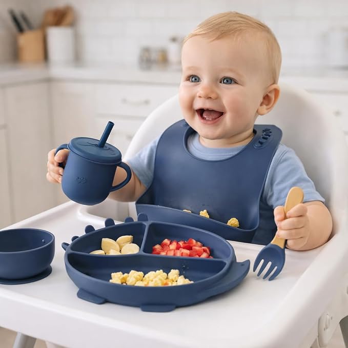 15-Piece Silicone Baby Feeding Set: Includes Suction Plates, Sippy Cup, Bowls, Utensils, Bib – Baby Led Weaning Essentials, BPA-Free, Dishwasher & Microwave Safe (Navy Blue)