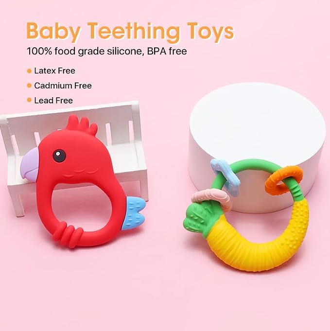 Baby Teether with Easy-Hold Handle, Silicone, BPA-Free, Soothe Sore Gums, Textured for Sensory Development, Teethable Surfaces - Baby Teething Toy for 3 Months & Up (Raddish and Bird)