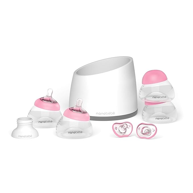 Nanobebe Breastmilk Baby Bottle Anti-Colic Starter Set with Silicone Pacifiers, Bottle Warmer, Breast Pump Adapter, and Slow Flow Nipples - 5 oz - Pink/Grey