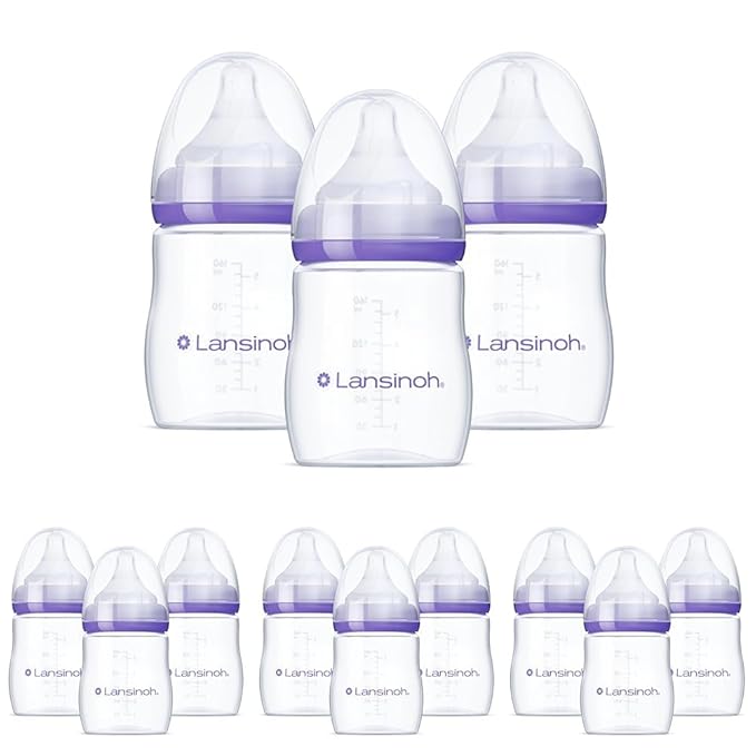 Lansinoh Anti-Colic Baby Bottles for Breastfeeding Babies,5 Ounces,Includes Slow Flow Nipples,Size S,(Pack of 12)