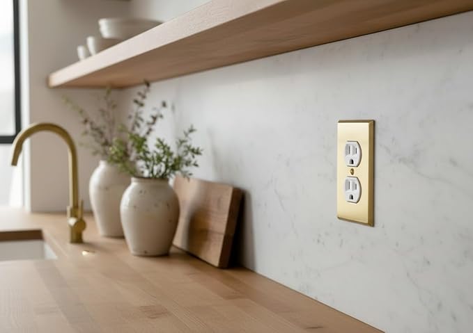 Rio Salto BRASS Signature Collection Brushed Brass Gold Metal Outlet Covers, Decorative Light Switch Cover Plate Wall Plate, Premium, Duplex 1-Gang, 2.75" X 4.50" Standard Size, 4-Pack
