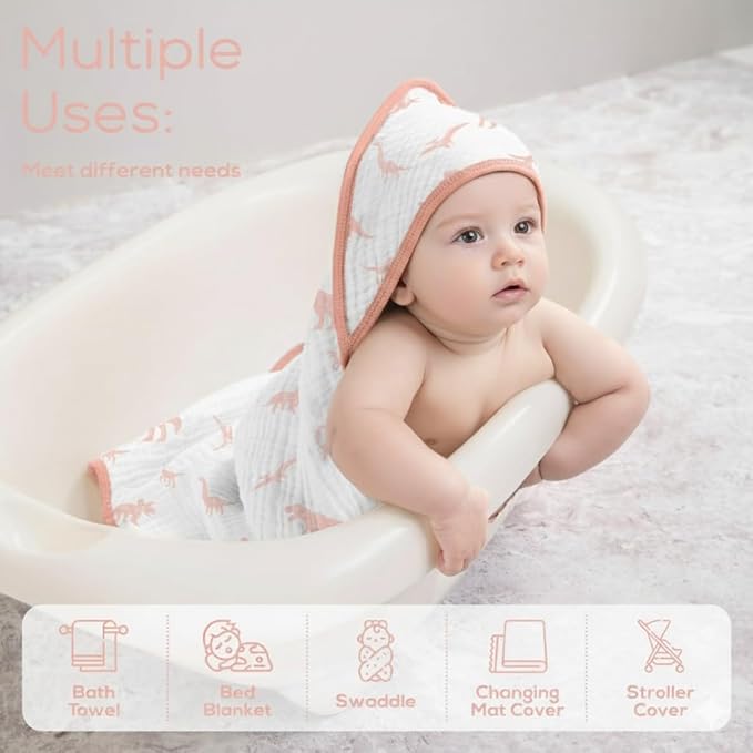 Muslin Hooded Baby Towels for Newborns, 32"x32", 100% Cotton ??6 Layers Super Soft Absorbent Breathable, Baby Bath Towel, Toddler Bath Towel ??Pack of 2
