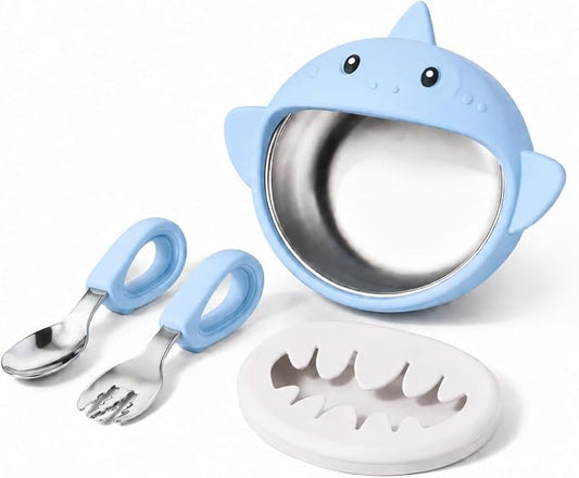 Silicone Suction Baby Bowl,Stainless Steel Insert,BPA-Free,Microwave & Dishwasher Safe,No-Spill Weaning Set with Spoon & Fork– Easy Clean,Self-Feeding Training for Toddlers (Baby Blue)
