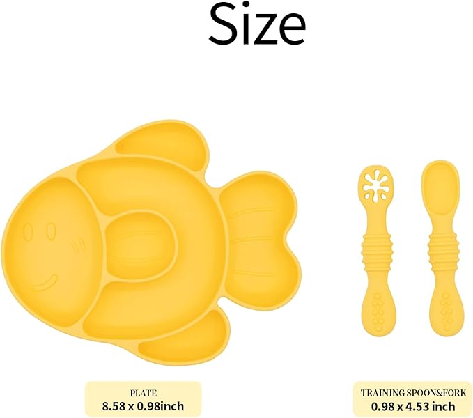 BabyX Baby Silicone Feeder Set, 3-pcs Golden-Fish-themed Baby Plate with Suction, Spoon and Fork for Babies Toddler Kids, BPA-Free, Baby Utensils Feeding Supplies, Microwave and Dishwasher Safe