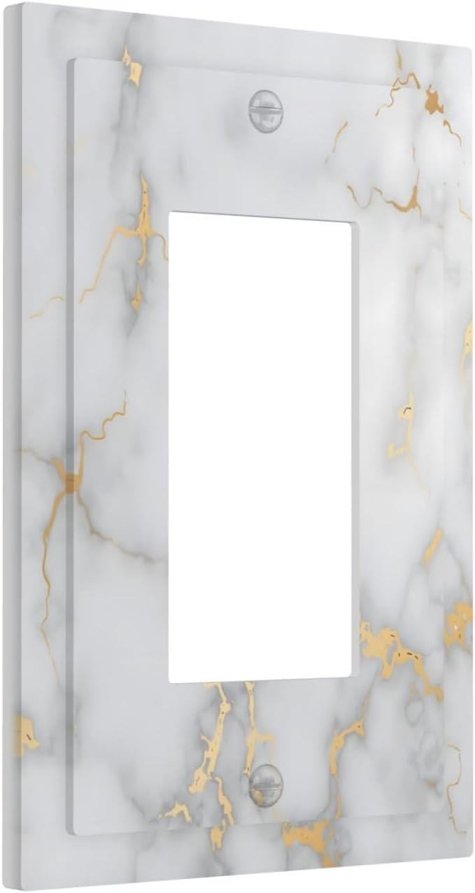 Luxury White And Gold Marble Abstract Modern Decorative Outlet Covers 1 Gang Single Rocker Light Switch Cover Plate Wall Plates GFCI Faceplate for Bathroom Kitchen Decor