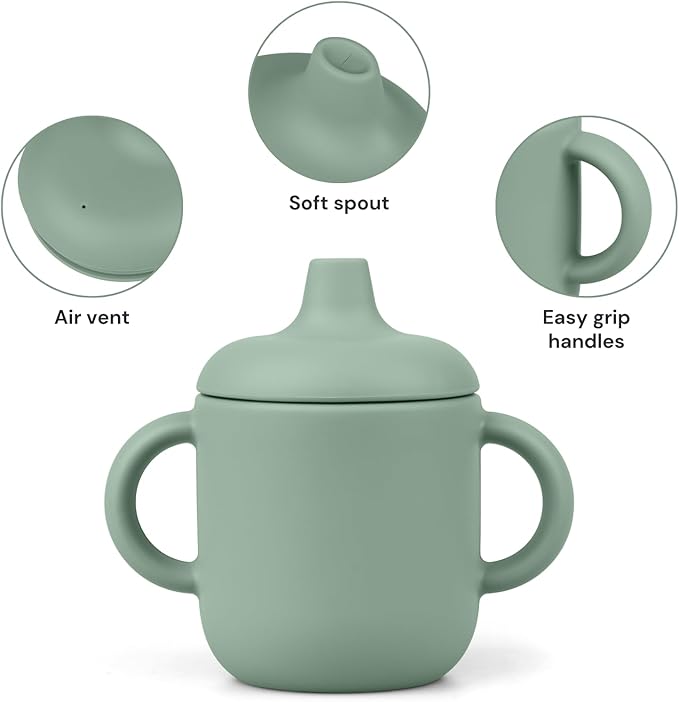 Silicone Sippy Cups for 6-12 Months Toddlers - Pack of 2 Food Grade Silicone Training Cups with Straws and Lids Grip Handle for Baby Led Weaning, 6 oz (Sage/Sand)