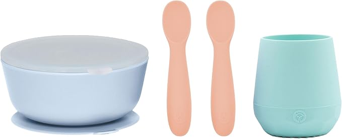 WeeSprout First Feeding Set - Silicone Baby Training Cup 2 Oz, Suction Bowl 10 Oz with Lid & 2 Baby Led Weaning Spoons - For Children 6+ Months - Non-Slip Grip - Dishwasher & Microwave Safe