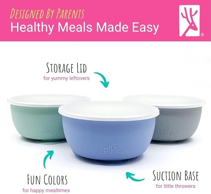Elk and Friends Stainless Steel Bowls with Silicone Sleeve for Babies & Toddlers | Lids Included | Stay Put Suction | Cereal & Snack Bowls | 4 Pack