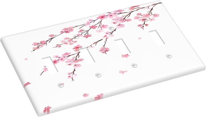 Watercolor Cherry Blossoms Flowers Pink Floral Light Switch Covers Quad Toggle Electrical Faceplate 4 Gang Wall Plate Decorative Switch Plates Cover for Bedroom Living Room Decor
