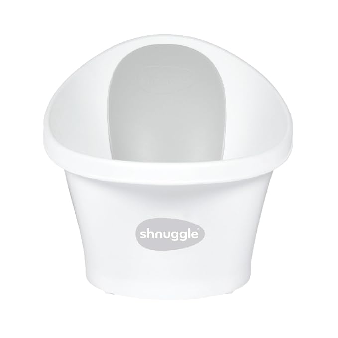 Shnuggle Newborn Baby Bath | Built in Support Bump and Soft Backrest | Suitable from Newborn | Bath Seat Support Includes Plug | White with Grey Backrest