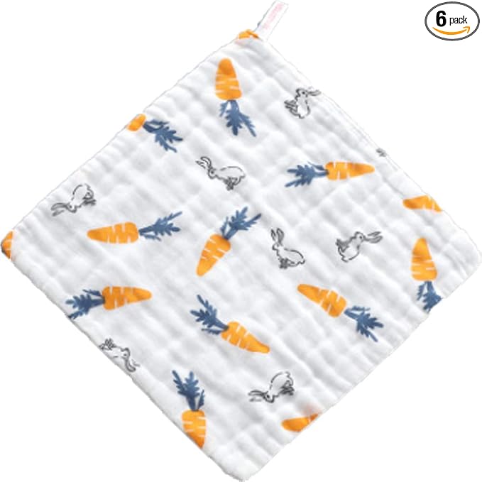 6 Layers of Baby Washcloths Natural Muslin Cotton with Cartoon Printed Design, Newborn Baby Face Towel Perfect Gifts Set of 6, Extra Soft, Breathable, 10x10 Inches (Radish Rabbit)