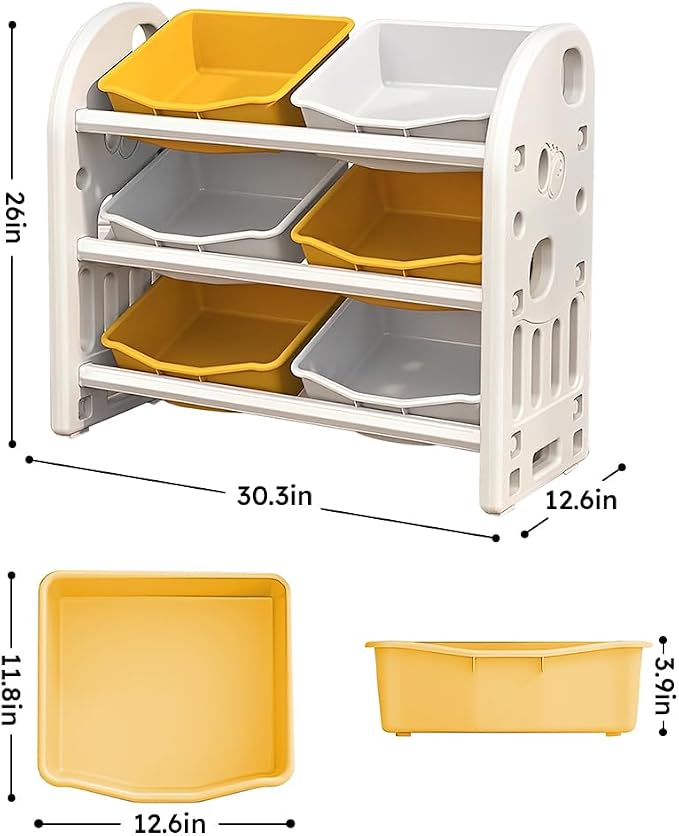 Kids Toy Organizer with 6 Storage Bins, Toy Organizer and Storage for Kids’ Toys, Children Toy Storage Organizer for Playroom, Kids Room, Nursery Room (Yellow)