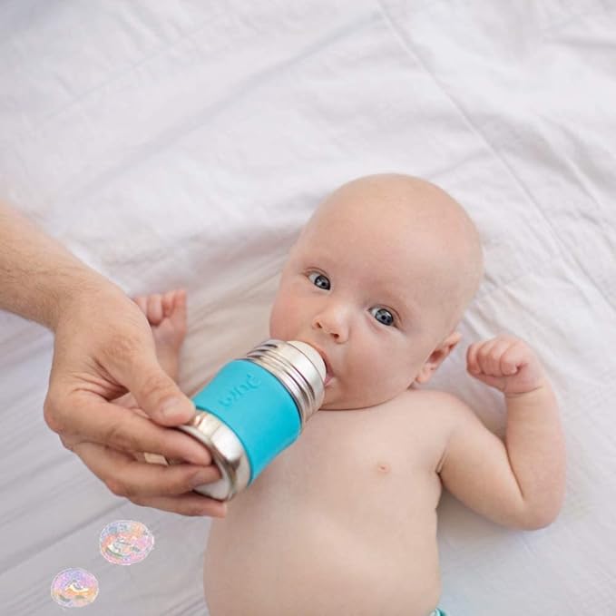 Pura Kiki 5oz/150ml Stainless Steel Anti-Colic Infant Bottle w/Silicone Natural Vent Nipple & Sleeve, 100% Plastic-Free, MadeSafe Certified, Medical-Grade Silicone - Rose Sleeve