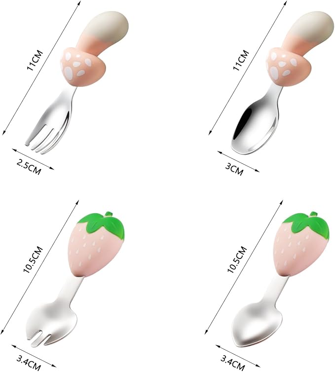 Toddler Utensils 4-Pack, Stainless Steel Toddler Forks and Spoons Set with Cute Mushroom& Strawberry Silicone Handles, Baby Kids Utensils, Children Safe Forks and Spoons Dishwasher Safe