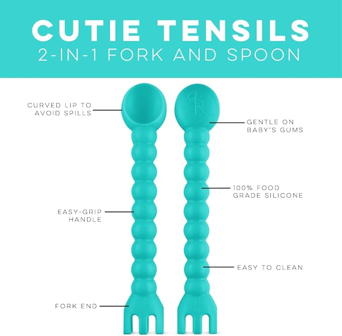 Ryan & Rose Cutie Tensils Baby Spoon and Fork [2 Pack] (Turquoise)