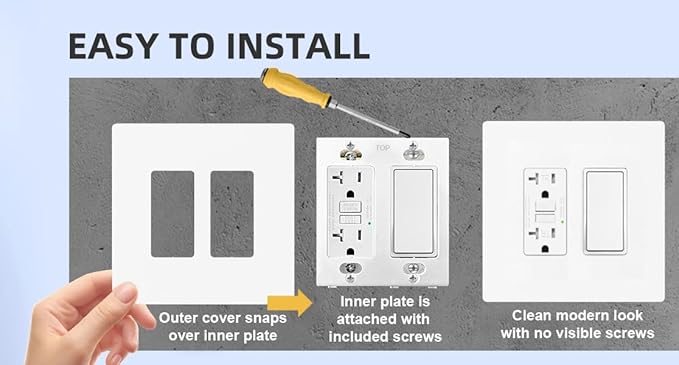 Art Plates - OVERSIZED Screwless Switch Plate - 5.5" x 5.5" - Jumbo 2 Gang Decorator GFCI Style - Unbreakable Polycarbonate - Two Gang Screwless Light Switch Cover Plate - Glossy White (5 Pack)