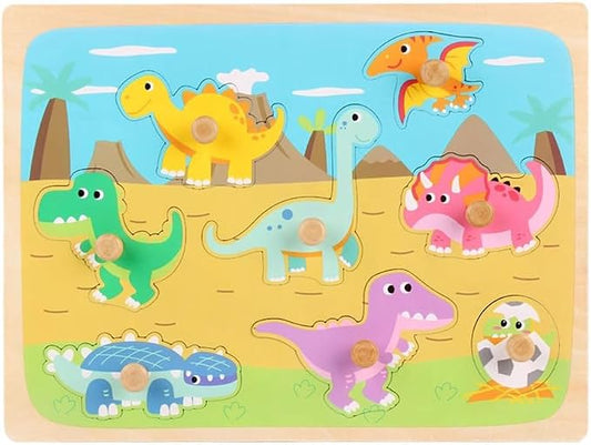 Montessori Dinosaur Wooden Peg Puzzle for Toddlers 1-3, Preschool Cognitive Development Puzzle Gift