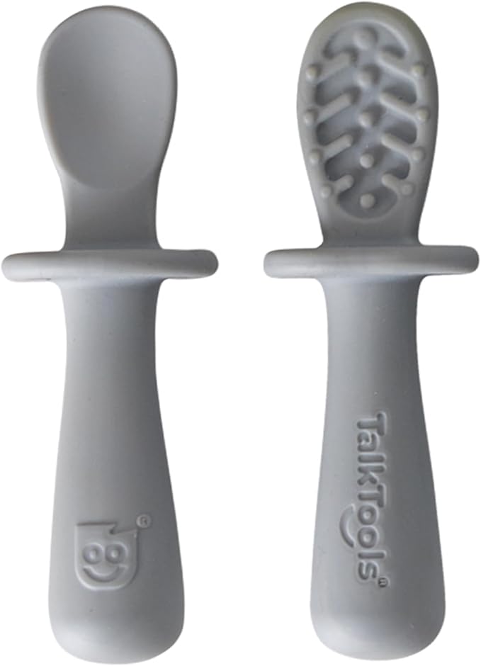 TalkTools ITSY Tiny Silicone Spoons ??Twin Pack Soft Silicone Self-Feeding Training Spoons for Kids & Toddlers, Anti-Choking Flange Guard and Non-Slip Handle (Cloud)