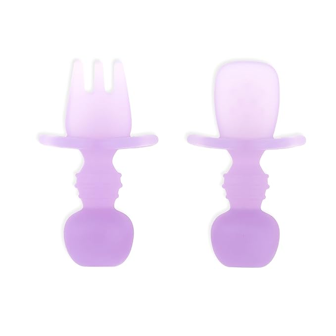 Bumkins Baby Utensils Set, Chewtensils Silicone Spoons for Dipping, Self-Feeding, Baby Led Weaning, Trainer Learning, First Stage Eating, Soft Practice Fork and Spoon, Babies 6 Months, Purple Jelly