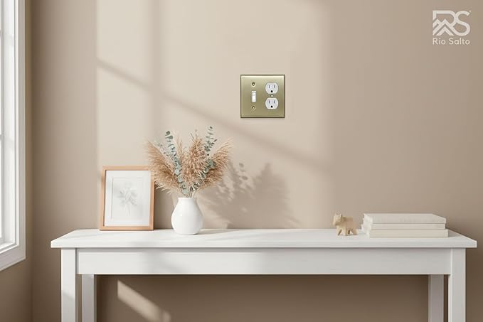 Rio Salto BRASS Signature Collection Midsize Vintage Metal Gold Combination Toggle Switch and Duplex Receptacle Wall Plate Outlet Cover Light Wallplate 2-Gang Antique Matte (Combo Toggle/Duplex)