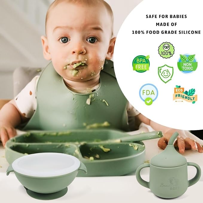 Silicone Baby Feeding Set| Silicone Divided Suction Plate and Bowl with Lids |Toddler Feeding Set| Training Cup with Straw|Fork Spoon Bib| Toddler Baby Led Weaning Supplies (Green)