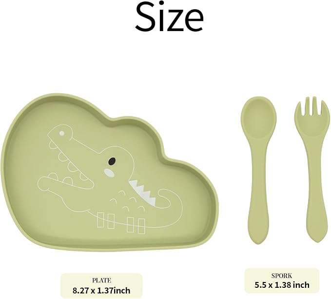 BabyX Baby Silicone Feeder Set, 3-pcs Safari Wildlife-themed Baby Plate with Suction, Spoon and Fork for Babies Toddler Kids, BPA-Free, Baby Utensils Feeding Supplies, Microwave and Dishwasher Safe