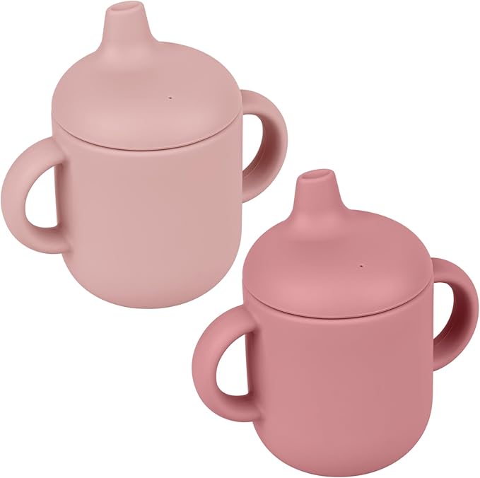 Silicone Baby Drinking Cups - Sippy Cups for 6-12 Months Toddlers - Pack of 2 Food Grade Training Cups with Lids & Grip Handle for Baby Led Weaning, 6 oz (Blush/Mauve)