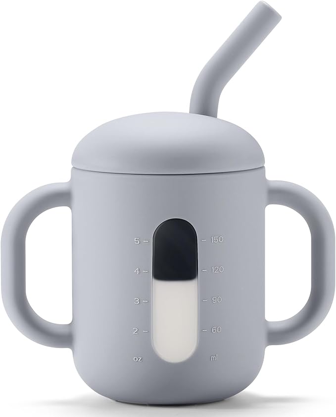 CLYMENE Silicone Training Cup with Straw & Handles | Baby Sippy Cup | Water Drinking Cup for Infants and Toddlers 6 Months+, 6 oz, Smoke