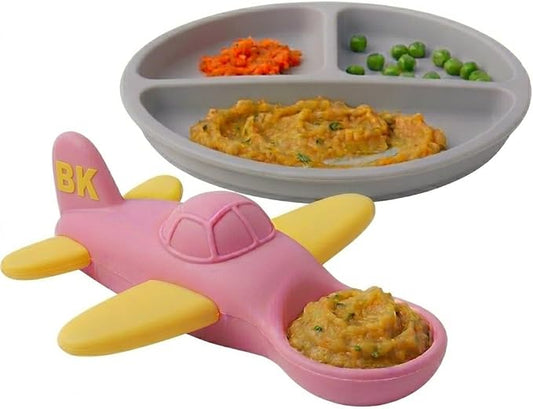 Airplane Baby Spoon and Suction Plate Set ??Turn Mealtime Into Playtime | BPA-Free Silicone Baby Feeding Set for Babies 6??8 Months