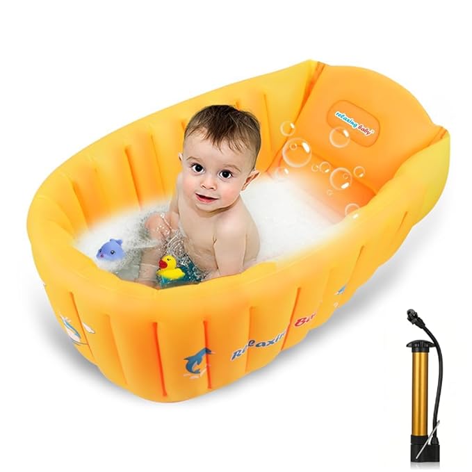 Inflatable Baby Bathtub,Newborn to Toddler Bath Tub with Built-in Air Pump,Portable Travel Shower Basin with Back Support,Foldable Toddler Tub Shower for Kids 0-6 Months(Orange)