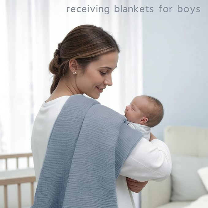 Muslin Swaddle Blankets for Baby Boy - 3 Pack 47x47 Inch Large Receiving Blankets, Soft Breathable Cotton Nursery Swaddles for Newborn, Infant & Todler (Blue, White, Dusty Blue)