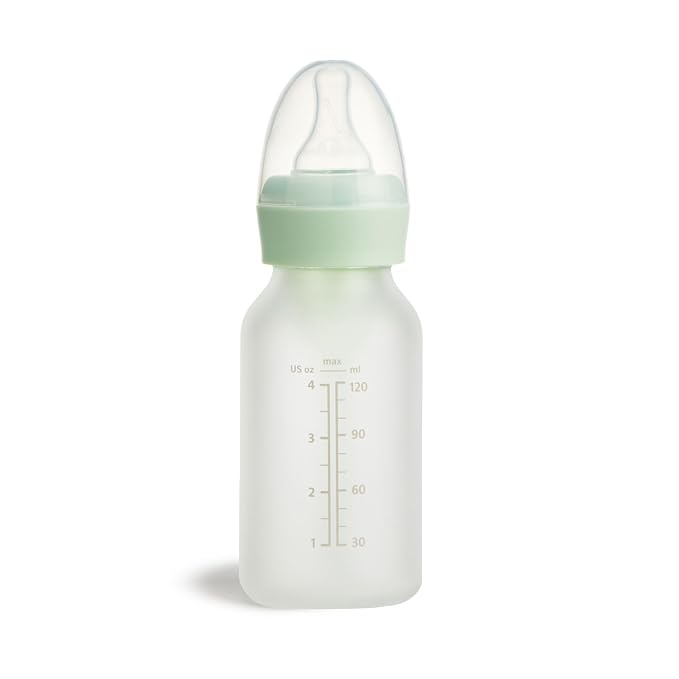 Munchkin Bond Silicone Coated Glass Baby Bottles - Anti-Colic Feeding System with Natural Feel Nipples, 4 Ounce, 2 Pack, Mint/Green