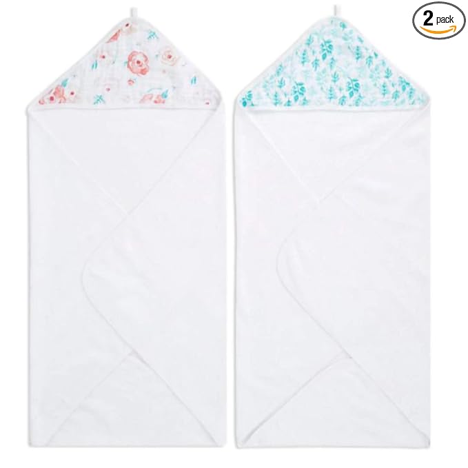 aden + anais Baby Hooded Towel|100% Terry Cotton Soft Baby Bath Towel for Kids, Toddlers, Infants| Newborn Girl and Boy Baby Wrap Towel, 2 Pack, Full Bloom