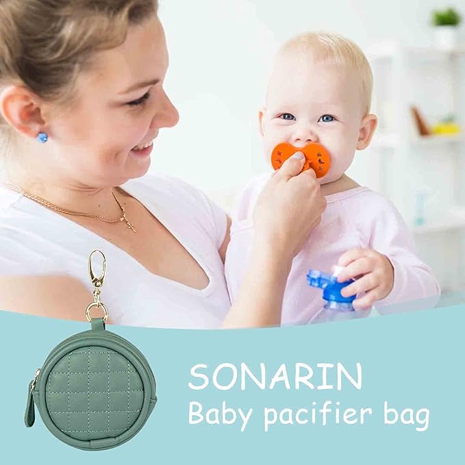 SONARIN Leather Dummy Case with Clasp,Portable Soother Pod Pacifier Case Pacifier Holder Soother Storage Box for Holding 2 Pacifiers or Nipple Shields,Attach to Diaper Bags(Green)