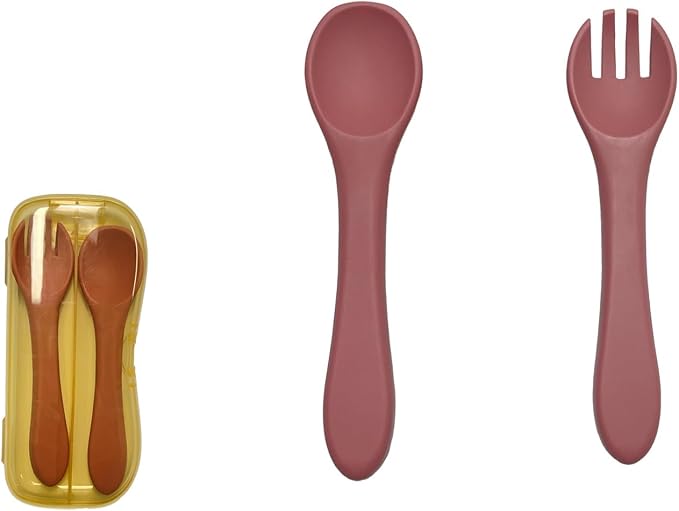 2 Pack Silicone Baby Spoon and Fork Set, First Stage Toddler Self Feeding Utensils, First Stage Feeding Spoons for Infants, Baby LED Weaning Feeding Supplies Training Spoon, Toddler Utensils
