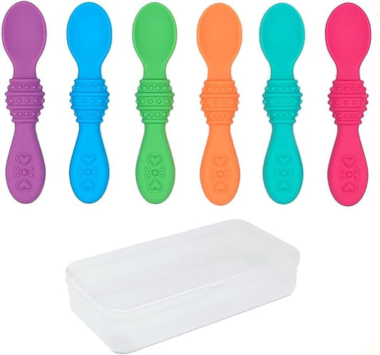 Elk and Friends Silicone Baby Spoons | Travel Case Included | First Stage Infant Toddler Spoon | Baby Led Weaning Stage | Dishwasher Safe