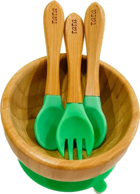 TATA AMG® Bamboo Suction Plate & Bowl with Fork and 2 Spoons | Divided Wooden Feeding Dish for Toddlers | BPA-Free Baby Led Weaning (BLW) Utensil Set