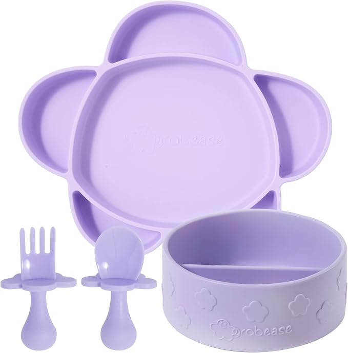 Grabease Silicone Portion Control Plate - No-Mess Baby Suction Dinner Set - Baby-Led Weaning Supplies & Silicone Feeding Set - Sectioned Plate & Toddler Dinnerware - Lavender, 4-Piece Kit