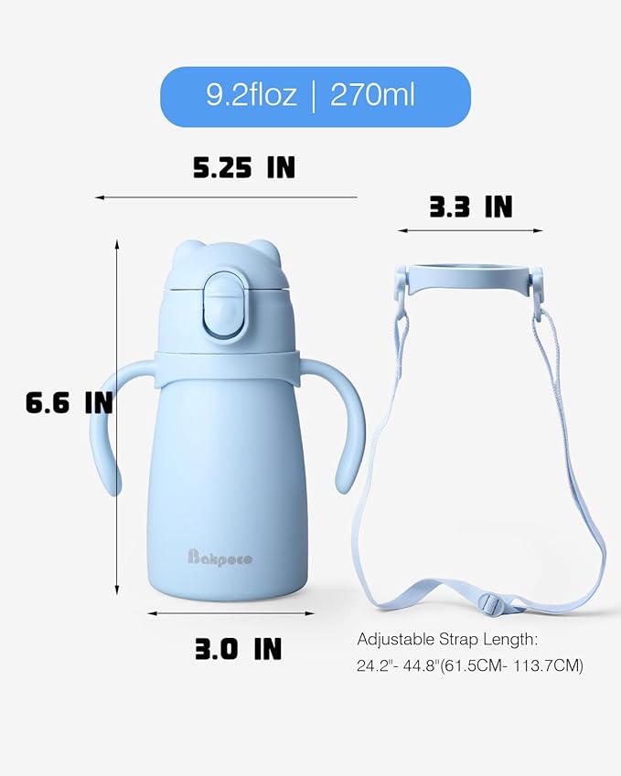 Bakpoco Stainless Steel Straw Sippy Cup for Toddlers 1-3 Years Old, Insulated Toddler Water Bottle Baby Training Tumbler with Handles & Strap, 9oz Kids Straw Cups for Travel Daycare, Blue Bear 1-Pack