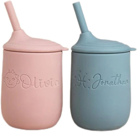 Customized Name Baby Silicone Straw Cup Food Grade Toddler Training Container Silicone Baby Cup With Straw And Lid 5 Styles To Mix And Match Best Gift For Newborns (C)