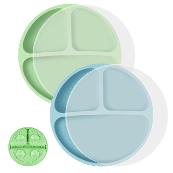 Vicloon Toddler Dishware Plate, 2 Pcs Silicone Plate with Divided Compartments, Suction Plates for Babies & Toddlers, BPA Free, Microwave & Dishwasher Safe, Includes Lids
