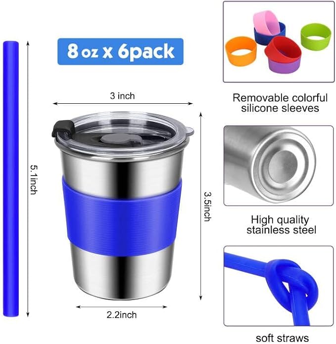 ShineMe Toddler Cups with Straws Spill Proof 6pack, 8oz Small Stainless Steel No Spill Sippy Cup, Unbreakable Kids Cups with Lids and Colorful Silicone Sleeves for Hot/Cold Drinks Snacks