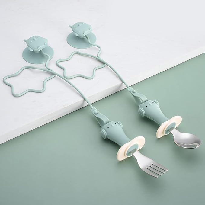 Zerodeko 1set Fork and Spoon Training Utensils Cup and -Drop Chain for Toddlers for First Stage Weaning