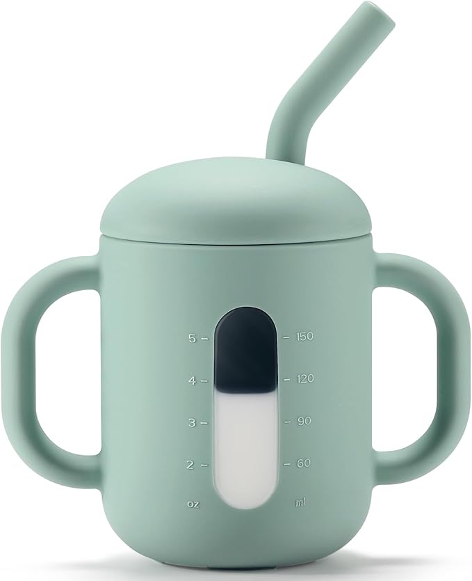 CLYMENE Silicone Training Cup with Straw & Handles | Baby Sippy Cup | Water Drinking Cup for Infants and Toddlers 6 Months+, 6 oz, Sage
