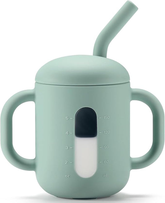 CLYMENE Silicone Training Cup with Straw & Handles | Baby Sippy Cup | Water Drinking Cup for Infants and Toddlers 6 Months+, 6 oz, Sage